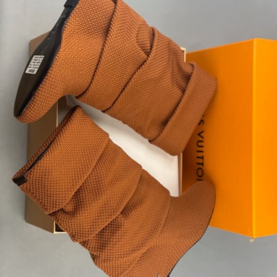 Louis Vuitton Summer Mid Wedge Boots in a brown bouclé knit material