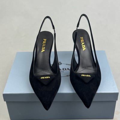 Prada black suede slingback pumps with a triangle logo plaque and a stiletto heel — 3