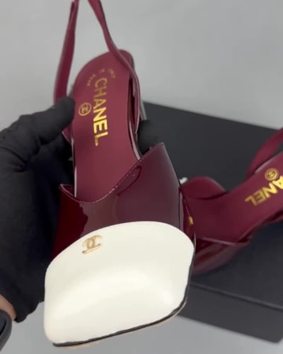 Chanel Leather Square Toe Turn Lock CC Runway Pumps in a burgundy and white — 5
