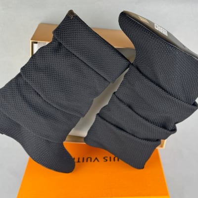 Louis Vuitton Summer Mid Wedge Boots in black bouclé knit