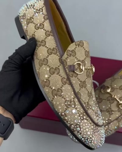 Gucci Jordaan loafers in beige GG canvas with rhinestone embellishments — 5