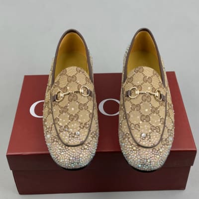 Gucci Jordaan loafers in beige GG canvas with rhinestone embellishments — 3