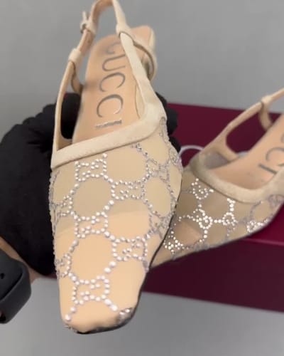 Gucci Women's GG crystal slingback pumps in rose beige mesh — 5