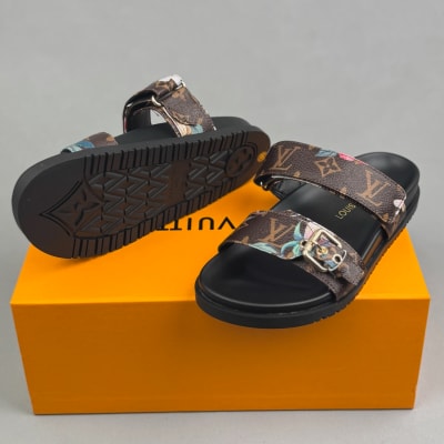Louis Vuitton Bom Dia Comfort Mules with velcro and a gold-toned buckle
