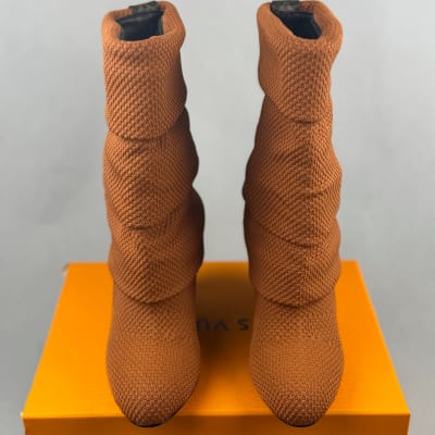 Louis Vuitton Summer Mid Wedge Boots in a brown bouclé knit material — 3