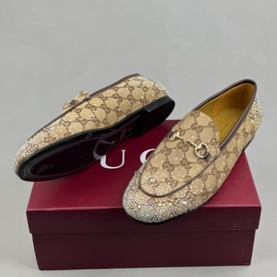 Gucci Jordaan loafers in beige GG canvas with rhinestone embellishments