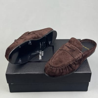 Saint Laurent Le Loafer suede penny loafers in a dark chocolate brown