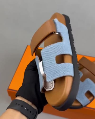 Hermès Chypre sandals in Bleu Clair/Naturel denim and calfskin — 5