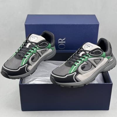 Dior B30 sneakers in a deep grey, green, and black technical mesh colorway