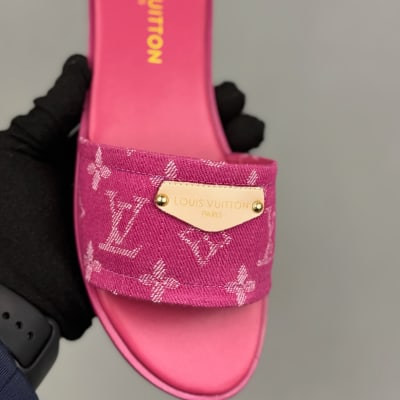 Louis Vuitton Lily Flat Mules in fuchsia pink monogram denim