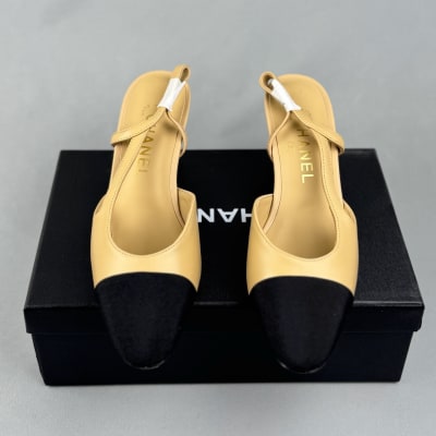 Chanel beige goatskin and black grosgrain slingback heel — 3