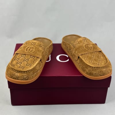 Gucci Celia GG Suede Mules in a light brown color — 4