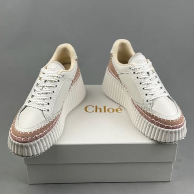 Chloé Nama leather and suede wedge sneakers in white and beige — 4