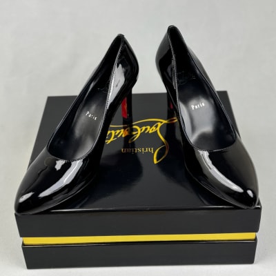 Christian Louboutin Pumppie 85 patent leather pumps in black — 4