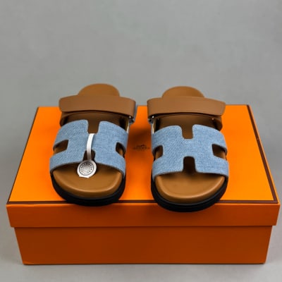 Hermès Chypre sandals in Bleu Clair/Naturel denim and calfskin — 3