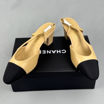 Chanel beige goatskin and black grosgrain slingback heel — 4