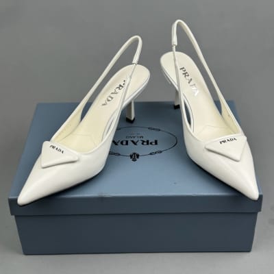 Prada Brushed Leather Slingback Pumps in white — 4