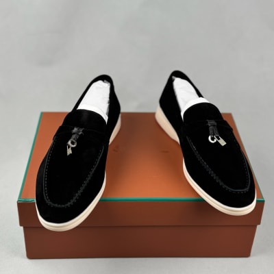 Loro Piana Summer Walk suede loafers in black — 3