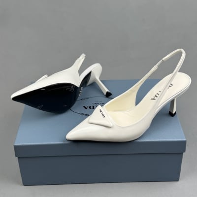 Prada Brushed Leather Slingback Pumps in white