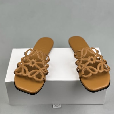 Loewe Petal Anagram slides in tan calfskin — 4