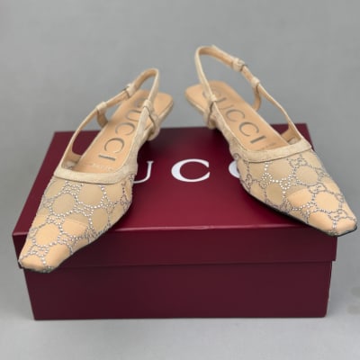 Gucci Women's GG crystal slingback pumps in rose beige mesh — 4