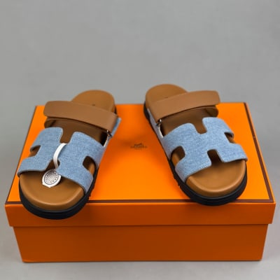 Hermès Chypre sandals in Bleu Clair/Naturel denim and calfskin — 4