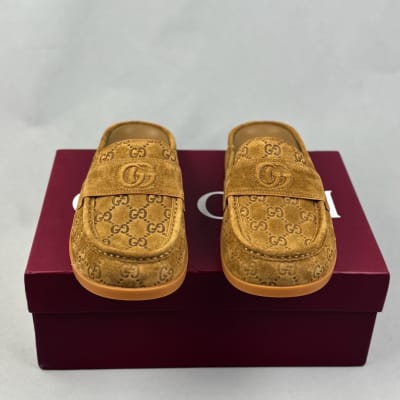 Gucci Celia GG Suede Mules in a light brown color — 3