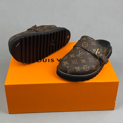 LV Cosy Flat Comfort Clog in patent Monogram canvas