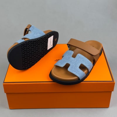 Hermès Chypre sandals in Bleu Clair/Naturel denim and calfskin