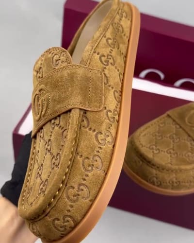 Gucci Celia GG Suede Mules in a light brown color — 5