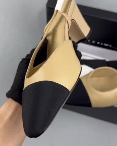Chanel beige goatskin and black grosgrain slingback heel — 5
