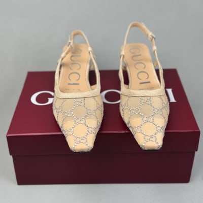 Gucci Women's GG crystal slingback pumps in rose beige mesh — 3