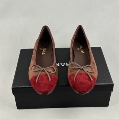 Chanel Suede Calfskin Cap Toe CC Ballerina Flats in a dark brown and burgundy colorway — 3