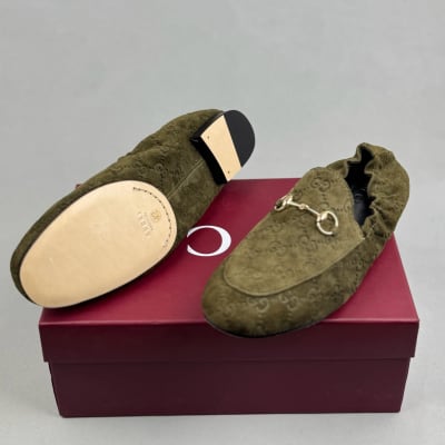 Gucci women's dark green suede loafers