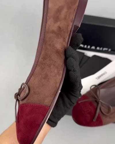 Chanel Suede Calfskin Cap Toe CC Ballerina Flats in a dark brown and burgundy colorway — 5