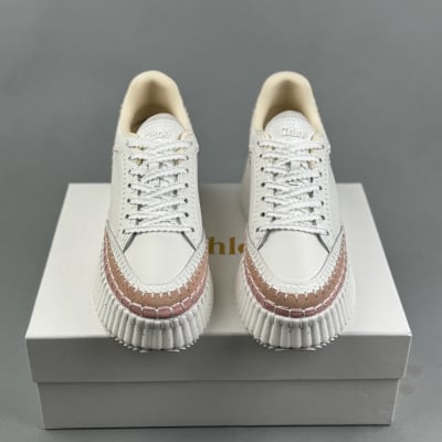 Chloé Nama leather and suede wedge sneakers in white and beige — 3