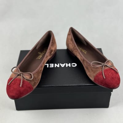 Chanel Suede Calfskin Cap Toe CC Ballerina Flats in a dark brown and burgundy colorway — 4