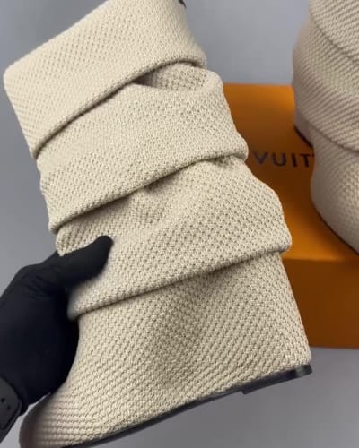 Louis Vuitton Summer Mid Wedge Boots in a textured beige bouclé knit — 5