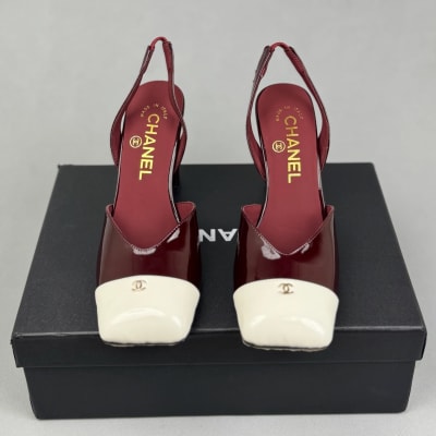 Chanel Leather Square Toe Turn Lock CC Runway Pumps in a burgundy and white — 3