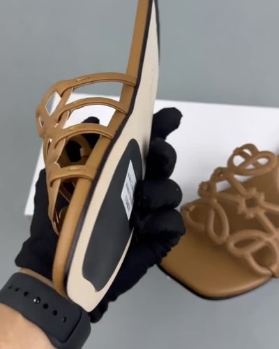 Loewe Petal Anagram slides in tan calfskin — 5