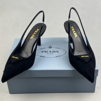 Prada black suede slingback pumps with a triangle logo plaque and a stiletto heel — 4