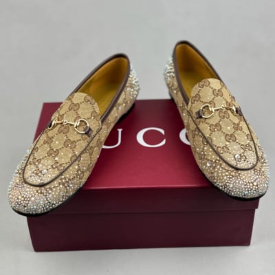 Gucci Jordaan loafers in beige GG canvas with rhinestone embellishments — 4