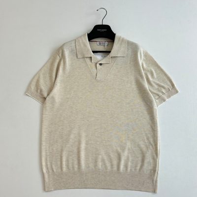 Brunello Cucinelli navy blue fine-knitted short-sleeve polo shirt — 3