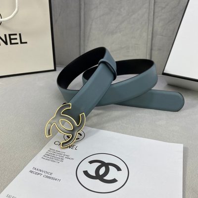 Chanel lambskin leather belt in a blue-gray hue, featuring a distinctive silver-tone interlocking CC — 4