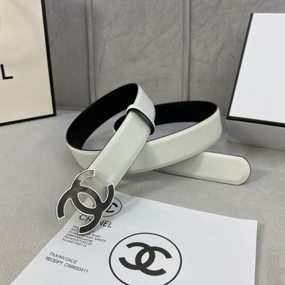 Chanel white calfskin leather belt featuring a prominent black and gold-tone metal CC logo buckle — 4