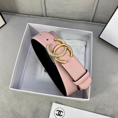 Chanel belt featuring a pink leather strap and a gold-toned CC buckle — 4