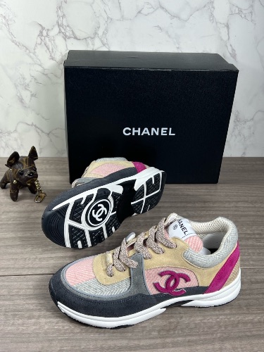 Chanel sneakers in pink, multicolor tweed, and suede