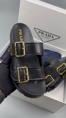 Prada black leather double-buckle sandals — 5