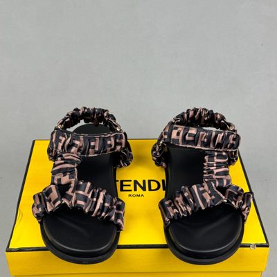 Fendi Feel flat sandals in brown stretch satin with an FF motif — 3