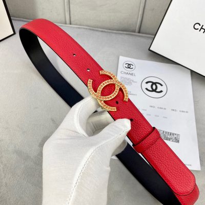 Chanel red leather belt featuring a crystal-embellished CC logo buckle — 5